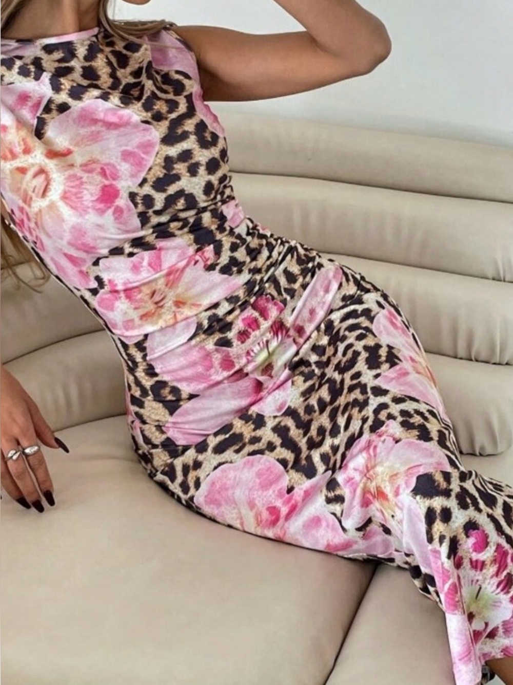 Casual Women's Leopard Floral Print Fitted Sleeveless Dress